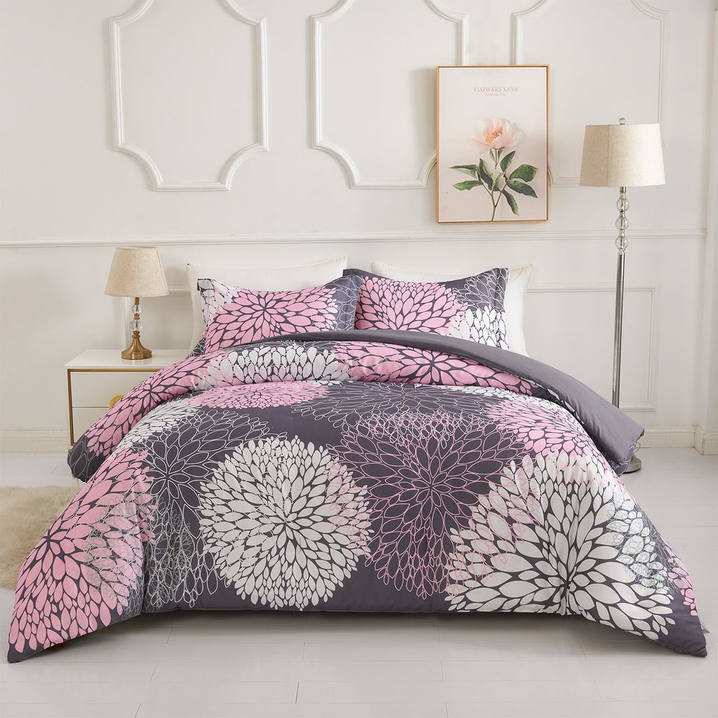 Luxurious Quilted 2 Pieces Pink Floral Comforter Set Twin Size, Botanical Bedding Sets with Cute Flowers Printing for Teen Girls - All-Season Down Alternative Comforter Insert - Default Title