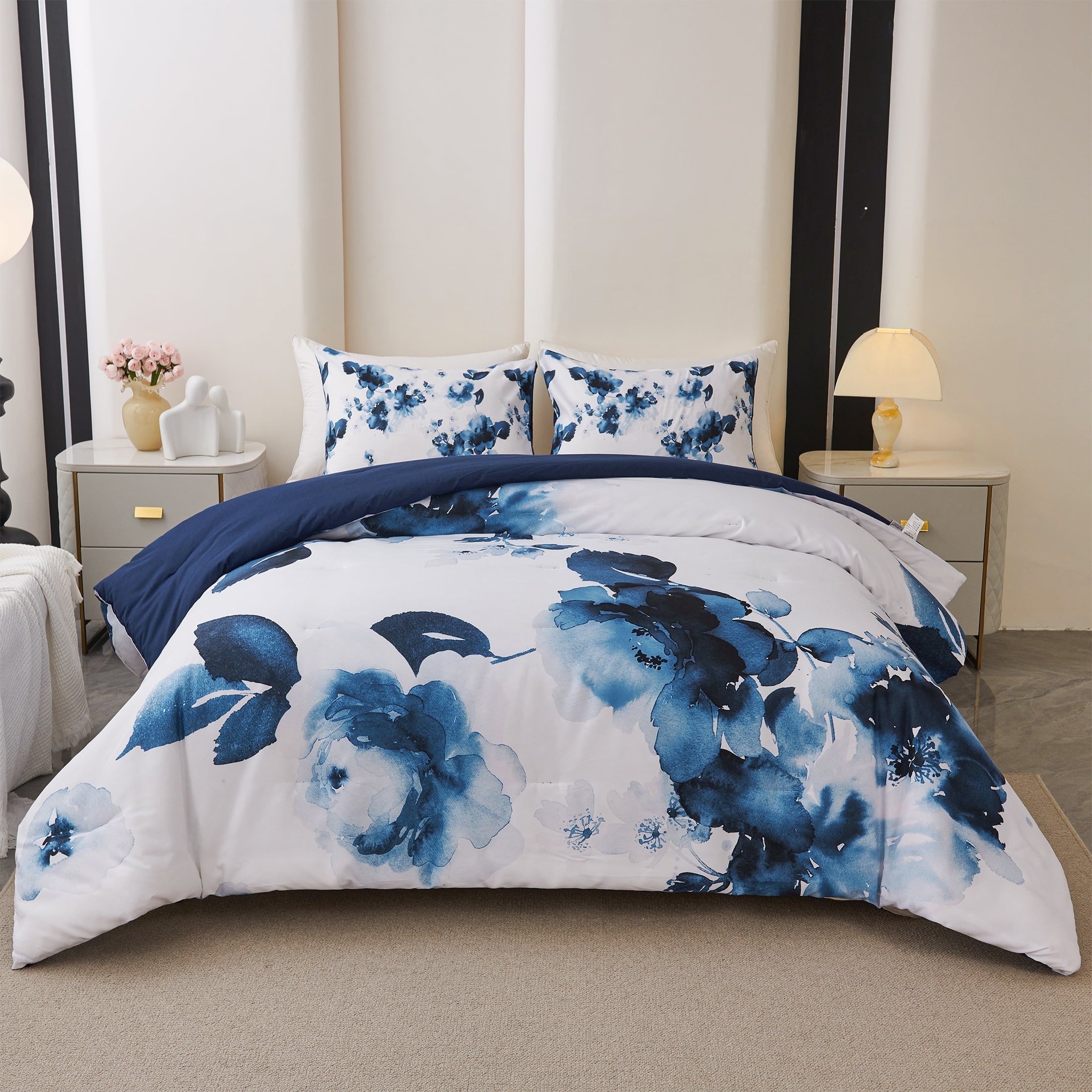 Hypoallergenic Cloud 3 Pieces Blue and White Floral Comforter Set King Size, Flower Bedding with Watercolor Flowers Pattern for Women, Rev... - Cloud-Like Soft Lightweight Bed Comforter - Default Title
