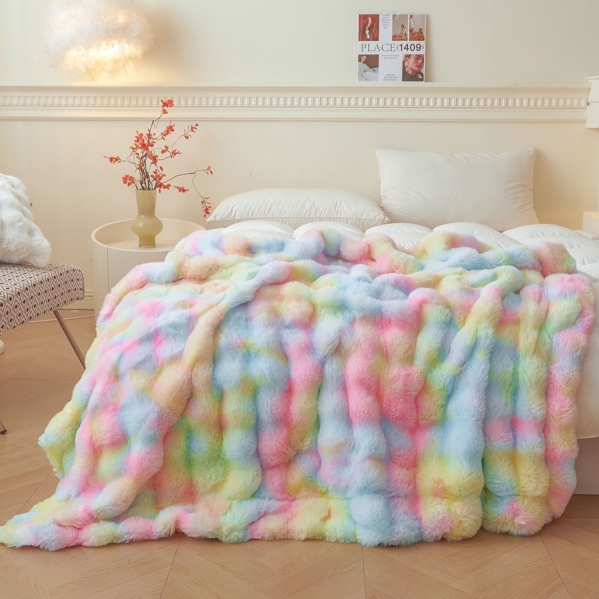 Super Soft Flannel Fluffy Faux Rabbit Fur Bubble Throw, Rainbow Plush Shaggy Blanket for Couch Sofa Chair, Soft Tie Dye Furry Blanket Ad... - Lightweight Plush Warm Blanket for All Seasons - Default Title