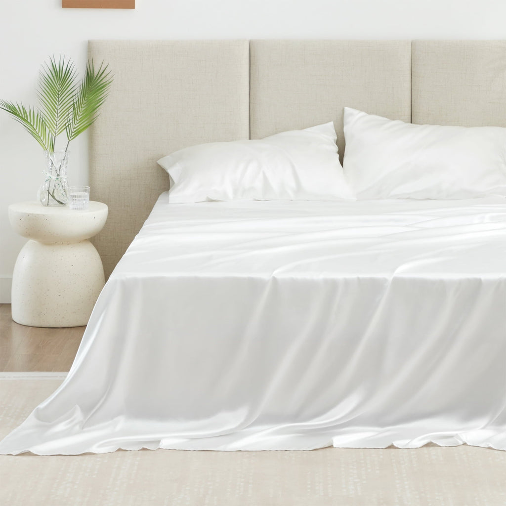 Cooling Sateen Satin Sheets Full Sheet Set Deep Pocket Luxury Silky Bed Sheets for Hair and Skin 4 Pieces, White - Breathable Egyptian Cotton Flat & Fitted Sheets - Default Title