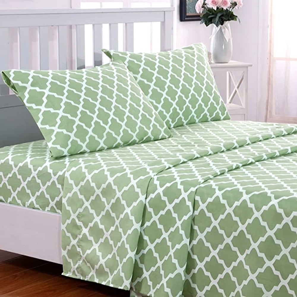 Premium Egyptian Cotton Quatrefoil Bed Sheet Set (King, Sage/White) 4 Piece Deep Pocket 1800 Series Microfiber Bed Sheet Set Contains 1 Fitte... - Cooling Hotel Quality Bedding Sheets and Pillowcases - Default Title