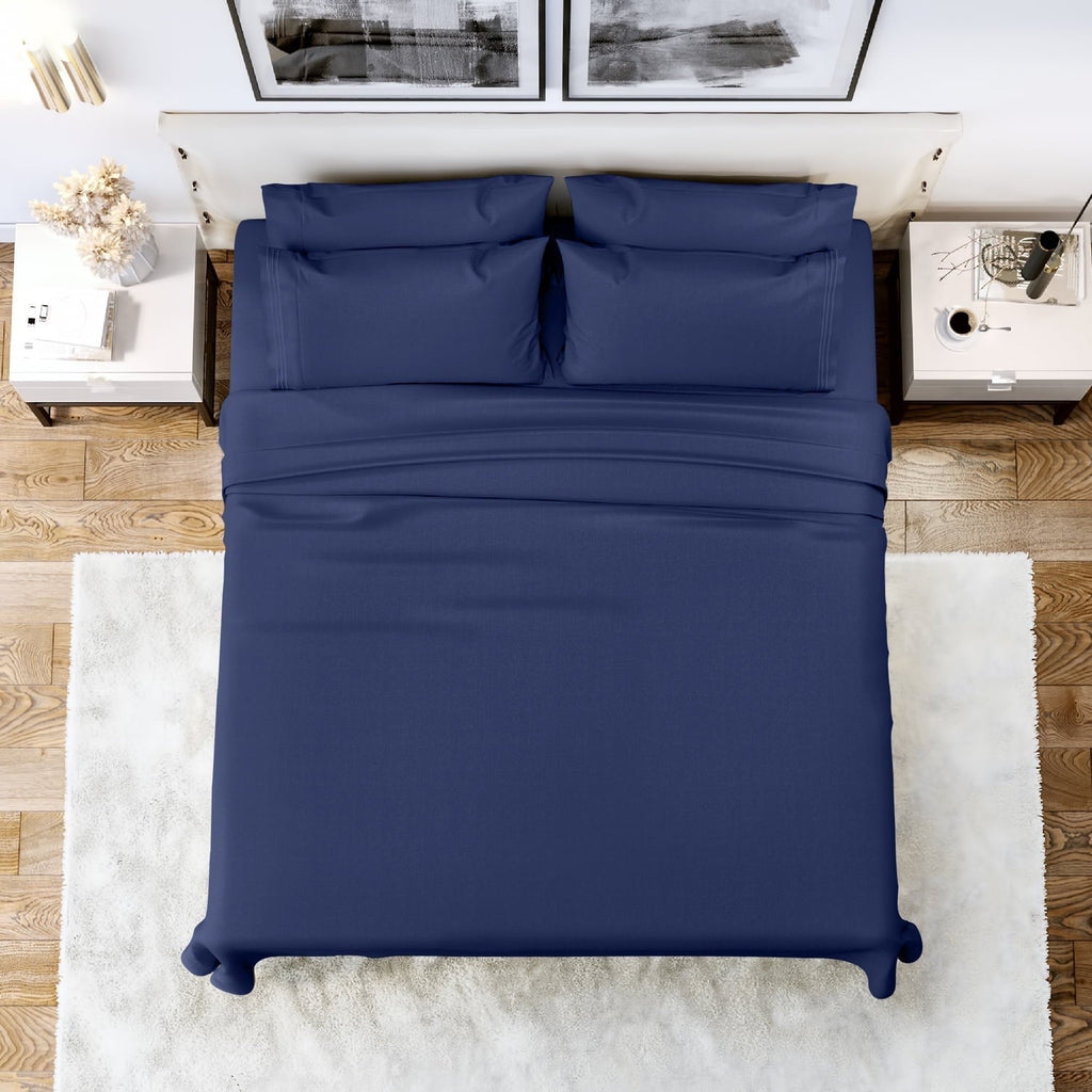Premium Egyptian Cotton Queen Bed Sheets Set, 6 Pc Microfiber Bed Sheets, Extra Deep Pocket Queen Fitted Sheet, Flat Sheet & Pillowcases, Nav... - Cooling Hotel Quality Bedding Sheets and Pillowcases - Default Title