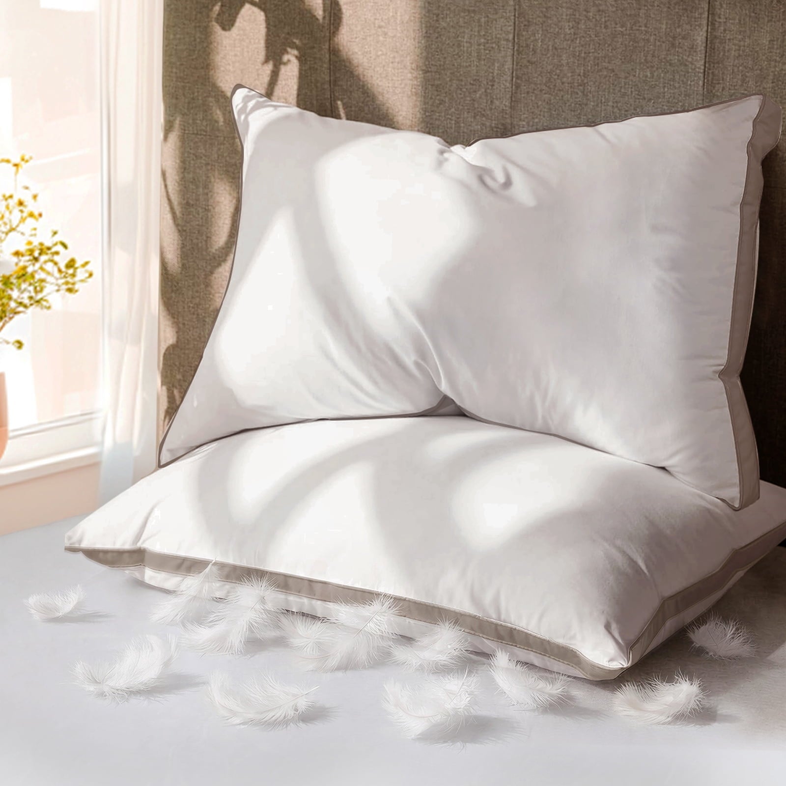 Ergonomic Memory Foam Goose Feather Down Pillows Queen Size Set of 2, 100% Cotton Cover Hotel Collection Bed Pillows，20"x28" - Hotel Quality Plush Sleeping Pillows - Default Title