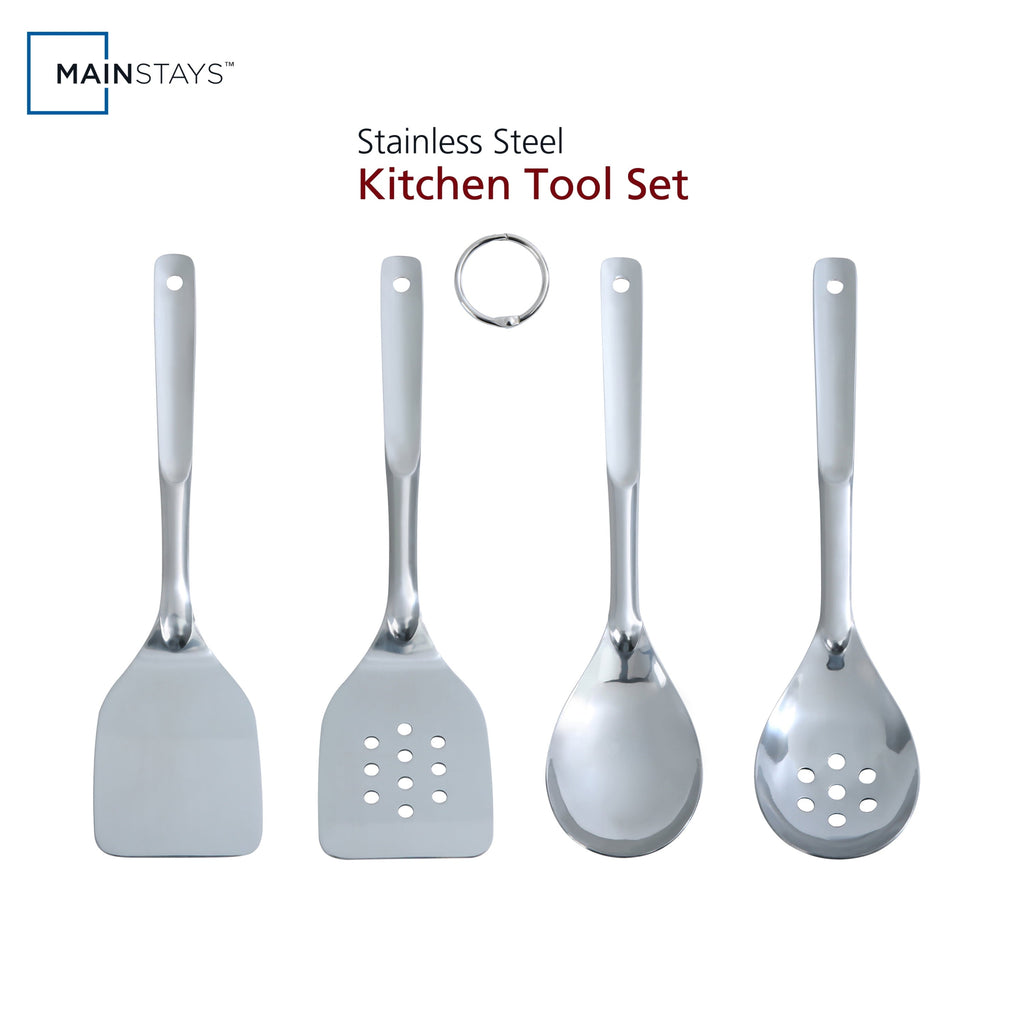 Non-Stick Safe Stainless Steel 4-Piece Utensil Set: Includes Spatula, Slotted Spatula, Spoon, and Slotted Spoon - Durable Turner & Ladle Utensil Set for Home Chefs - Default Title