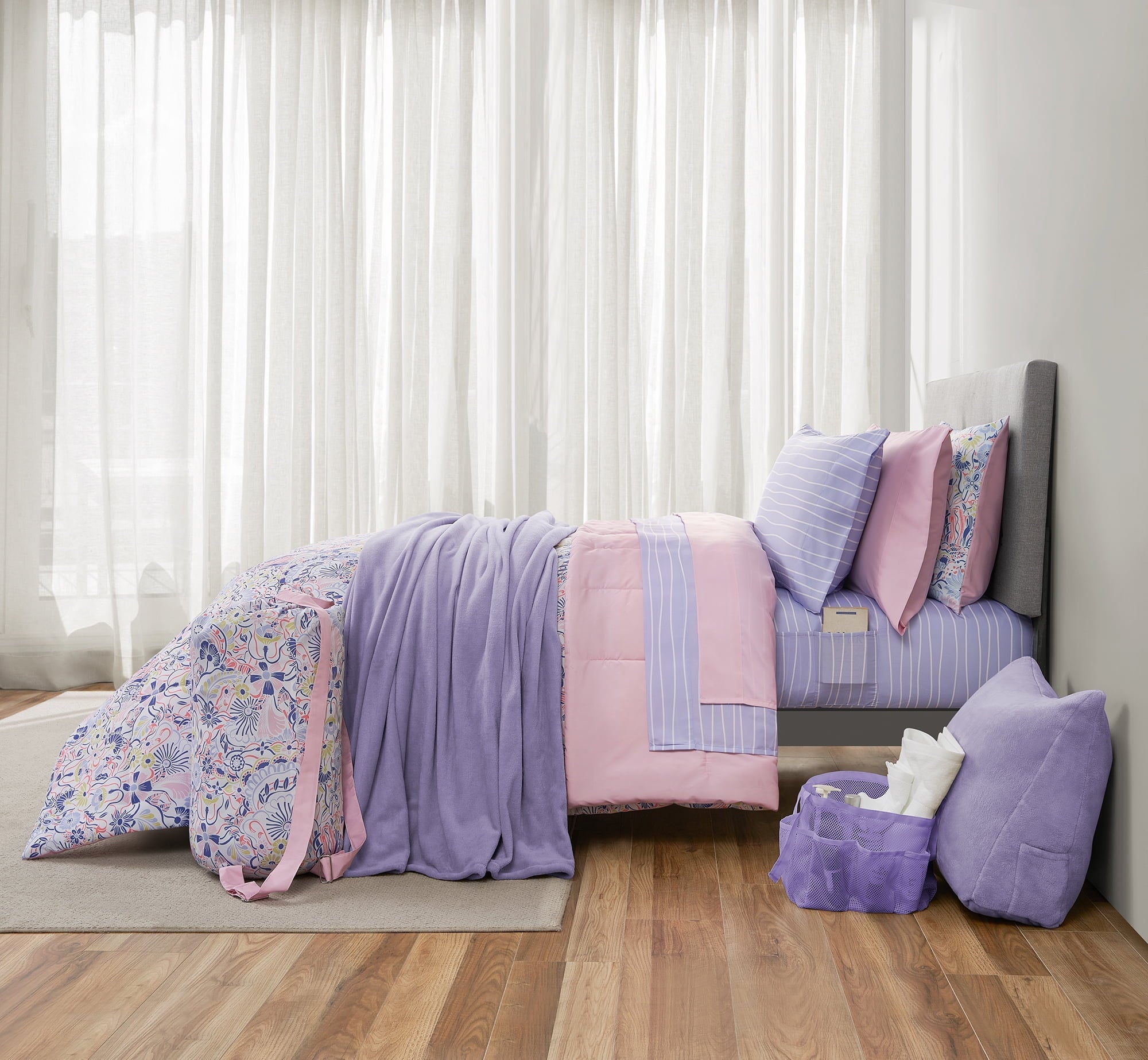 Hypoallergenic Cloud 14pc College Dorm Essentials Bundle, Twin-XL, Reversible Bed in a Bag Comforter Set, Purple Floral - All-Season Down Alternative Comforter Insert - Default Title