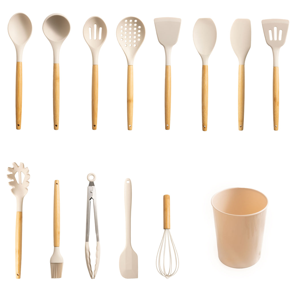 Ergonomic Cooking Silicone & Bamboo Cooking Utensil Set, 14 Pieces - Premium Stainless Steel Cooking Utensil for Non-Stick Pots - Default Title