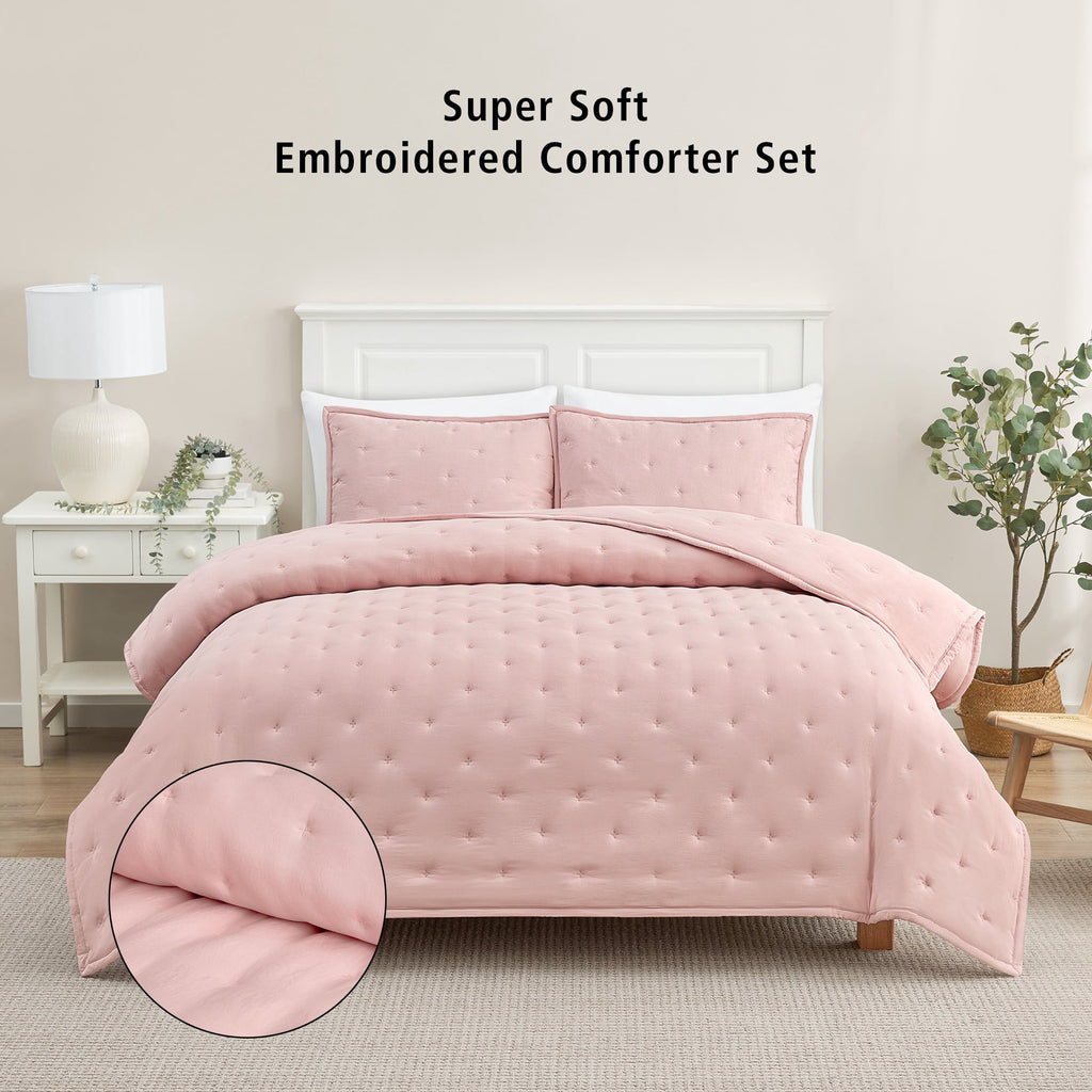 All-Season Full/Queen Comforter Set, Super Soft & Embroidered, 3-Piece, Pink - Luxurious Quilted Duvet Cover Set - Default Title