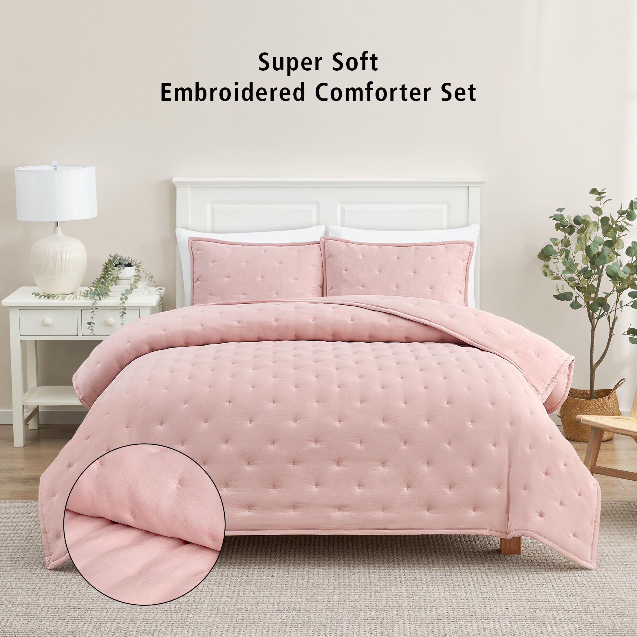 All-Season Full/Queen Comforter Set, Super Soft & Embroidered, 3-Piece, Pink - Luxurious Quilted Duvet Cover Set - Default Title