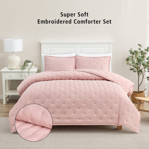 All-Season Full/Queen Comforter Set, Super Soft & Embroidered, 3-Piece, Pink - Luxurious Quilted Duvet Cover Set - Default Title