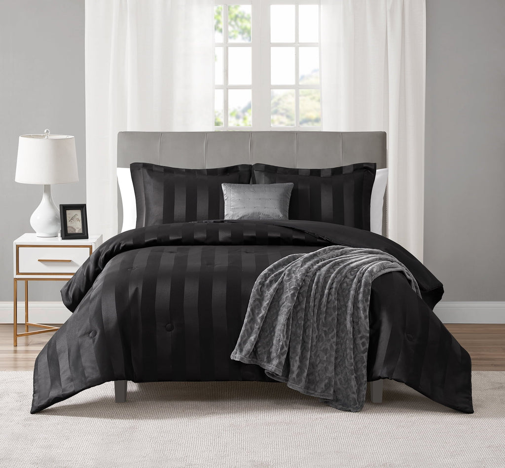 Luxurious Quilted Rich Black 5 Piece Damask Stripe Comforter Set, King, Adult, Unisex - Luxurious Quilted Duvet Cover Set - Default Title