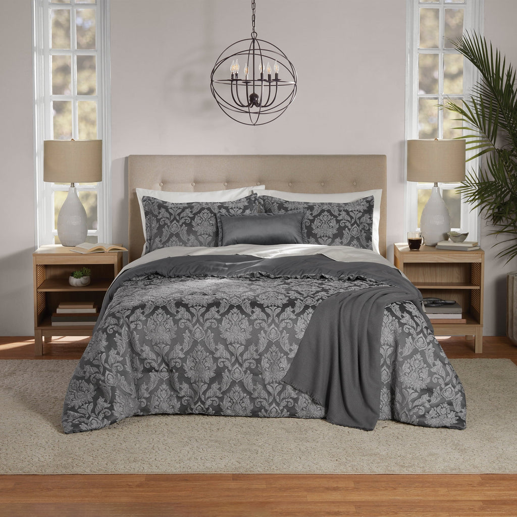 All-Season Full/Queen Comforter Set, All-Season, 5-Piece, Grey Jacquard Damask - Luxurious Quilted Duvet Cover Set - Default Title