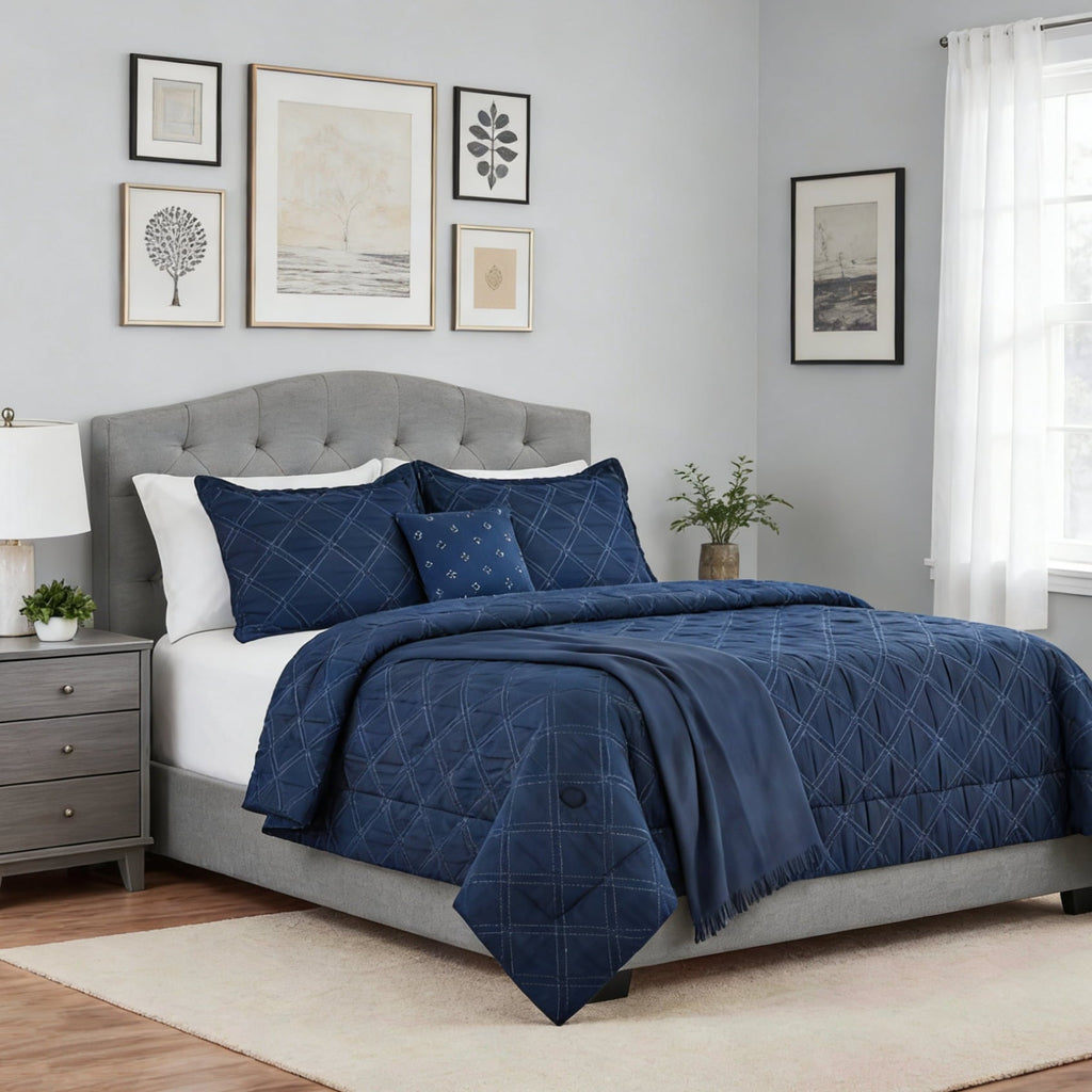 Hypoallergenic Cloud 5-Piece Reversible Comforter Set Navy Cross Stitch Bedding with Decor Pillow and Throw, Full/Queen - Luxurious Quilted Duvet Cover Set - Default Title