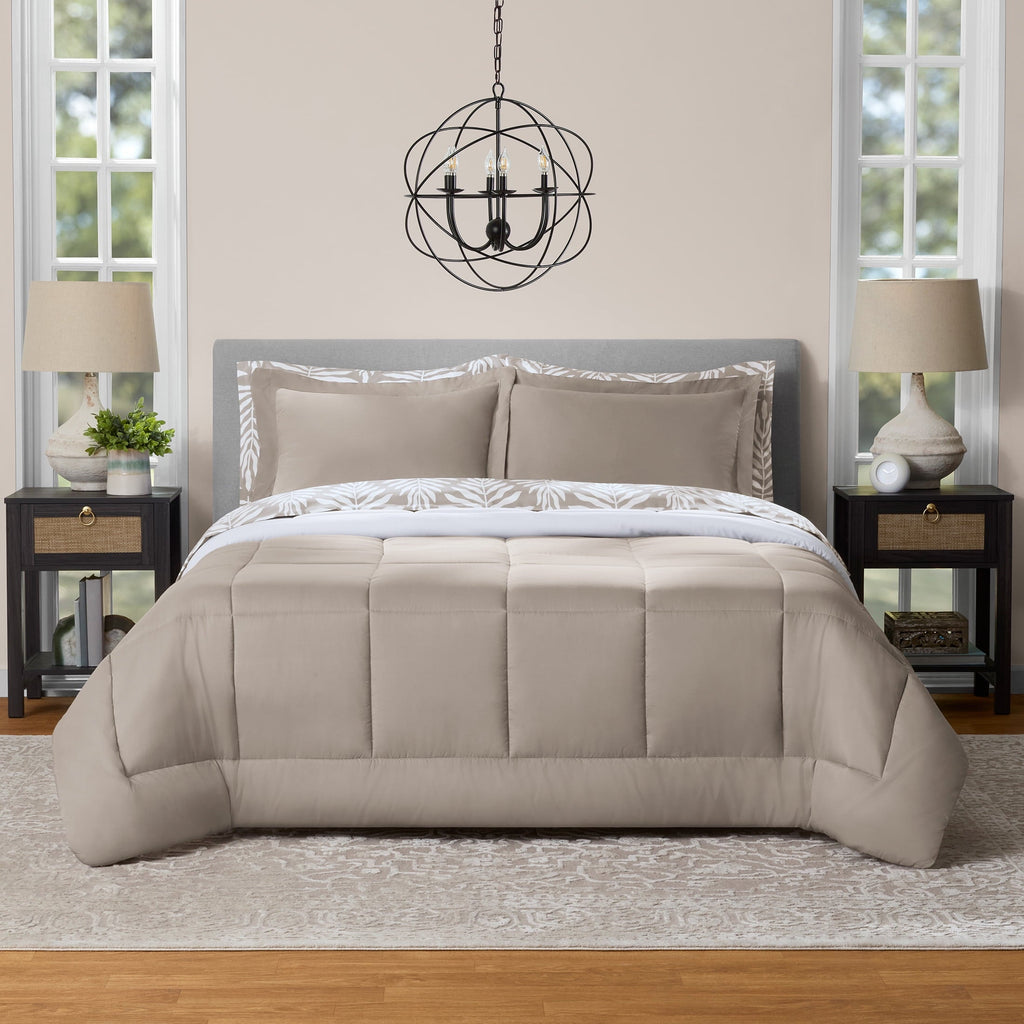 Fluffy Down Alternative All in One Reversible Comforter and Sheet Set- 7 Piece, Queen, Beige Palm - Hypoallergenic Ultra-Fluffy Quilt for Winter - Default Title