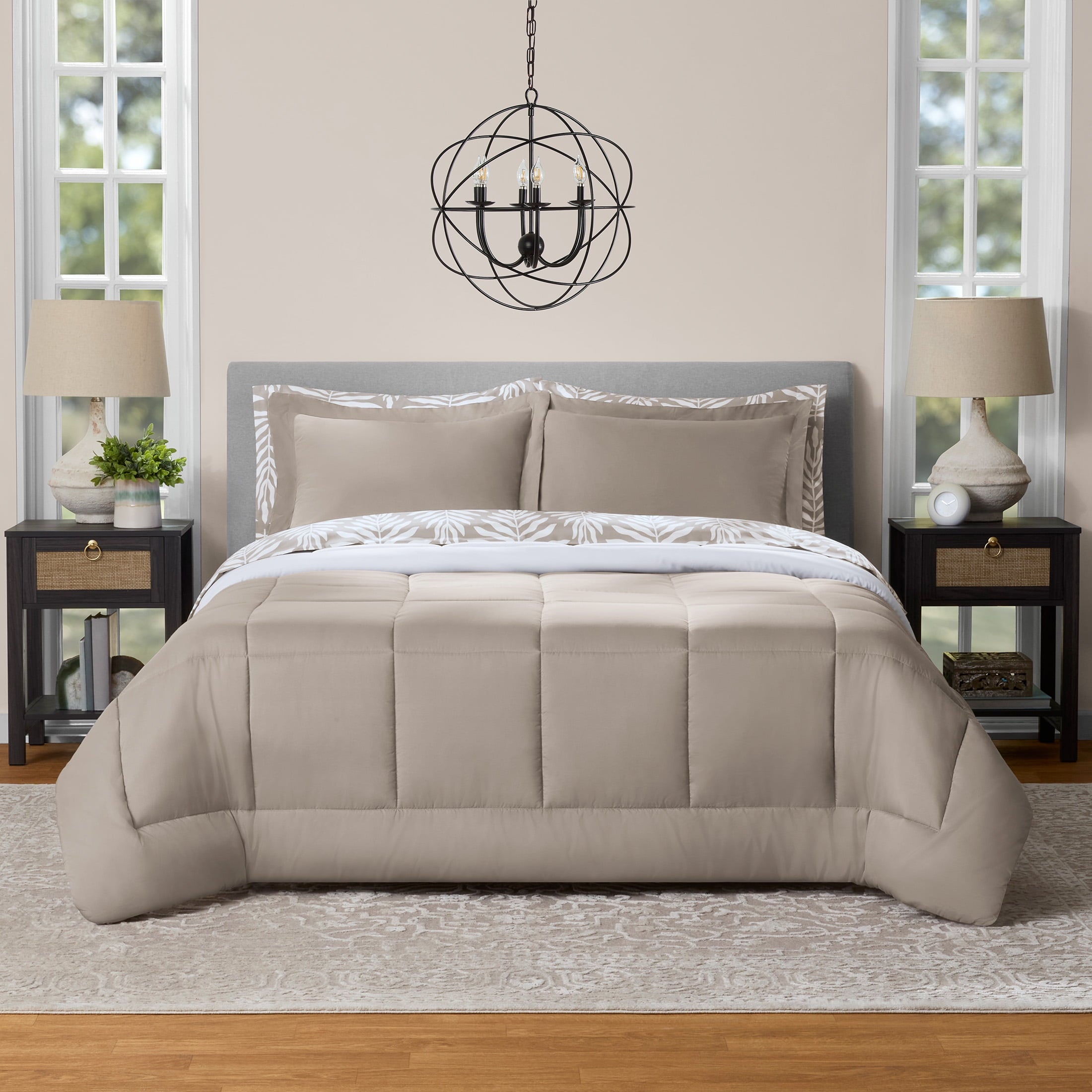 Fluffy Down Alternative All in One Reversible Comforter and Sheet Set- 7 Piece, Queen, Beige Palm - Hypoallergenic Ultra-Fluffy Quilt for Winter - Default Title