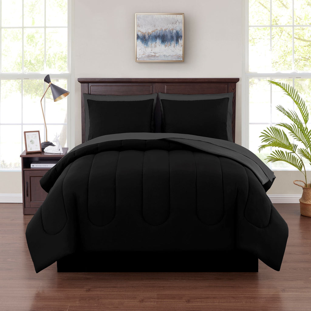 All-Season 7 Piece Reversible Bed in a Bag Comforter Set with Sheets, Black, King - All-Season Down Alternative Comforter Insert - Default Title