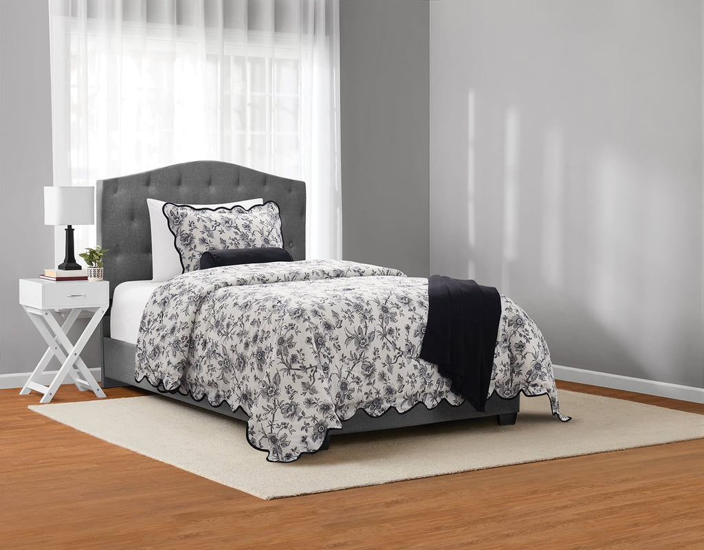 Hypoallergenic Cloud Floral Scallop 4-Piece White/Black Comforter Set, Twin/Twin XL - All-Season Down Alternative Comforter Insert - Default Title