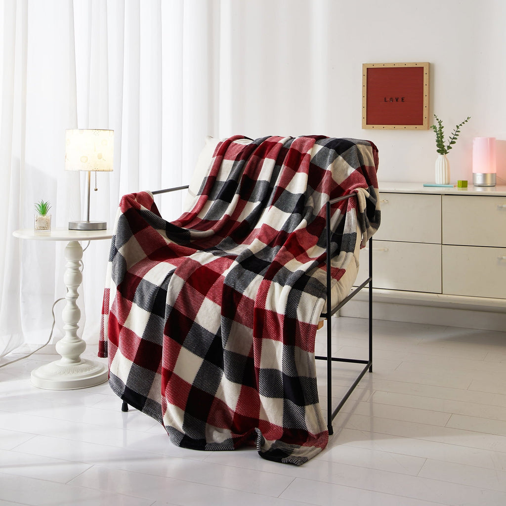 Decorative Knitted Cozy Plush Throw Blanket, Red Plaid 50" x 60" All Ages - Super Soft Reversible Sherpa Flannel Blanket - Default Title