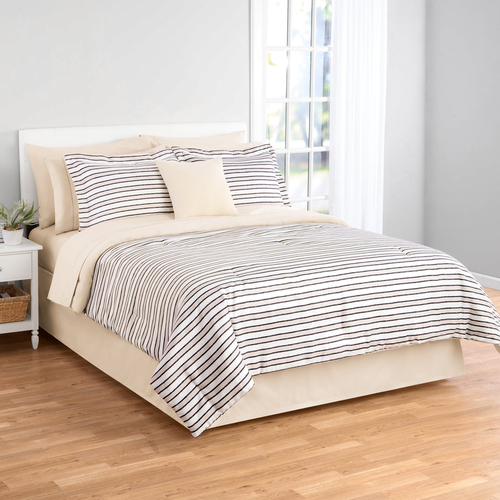Fluffy Down Alternative Soft Touch Bed in a Bag 11-Piece Reversible Tan & Black Striped Comforter Set with Sheets, Queen - Hypoallergenic Ultra-Fluffy Quilt for Winter - Default Title