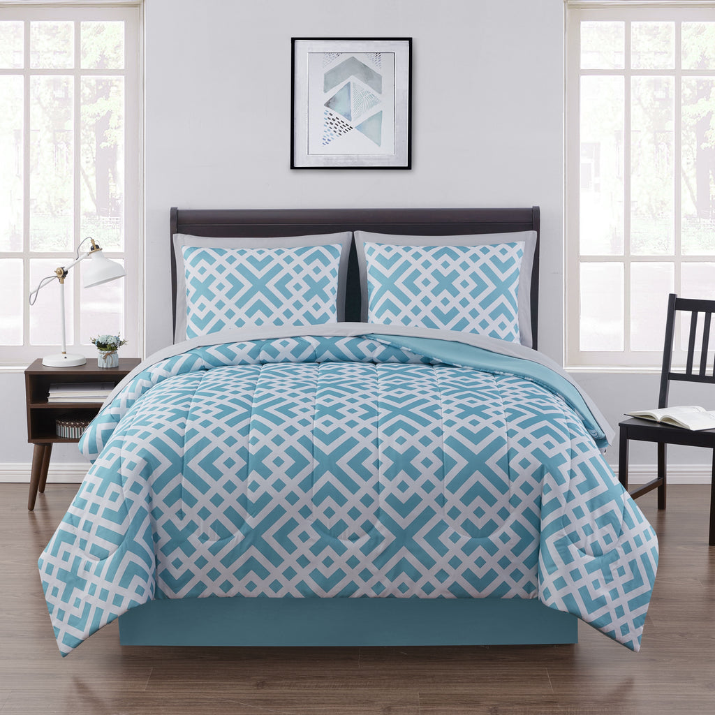 Fluffy Down Alternative Teal Geometric 6 Piece Bed in a Bag Comforter Set with Sheets, Twin/Twin-XL - Luxurious Quilted Duvet Cover Set - Default Title