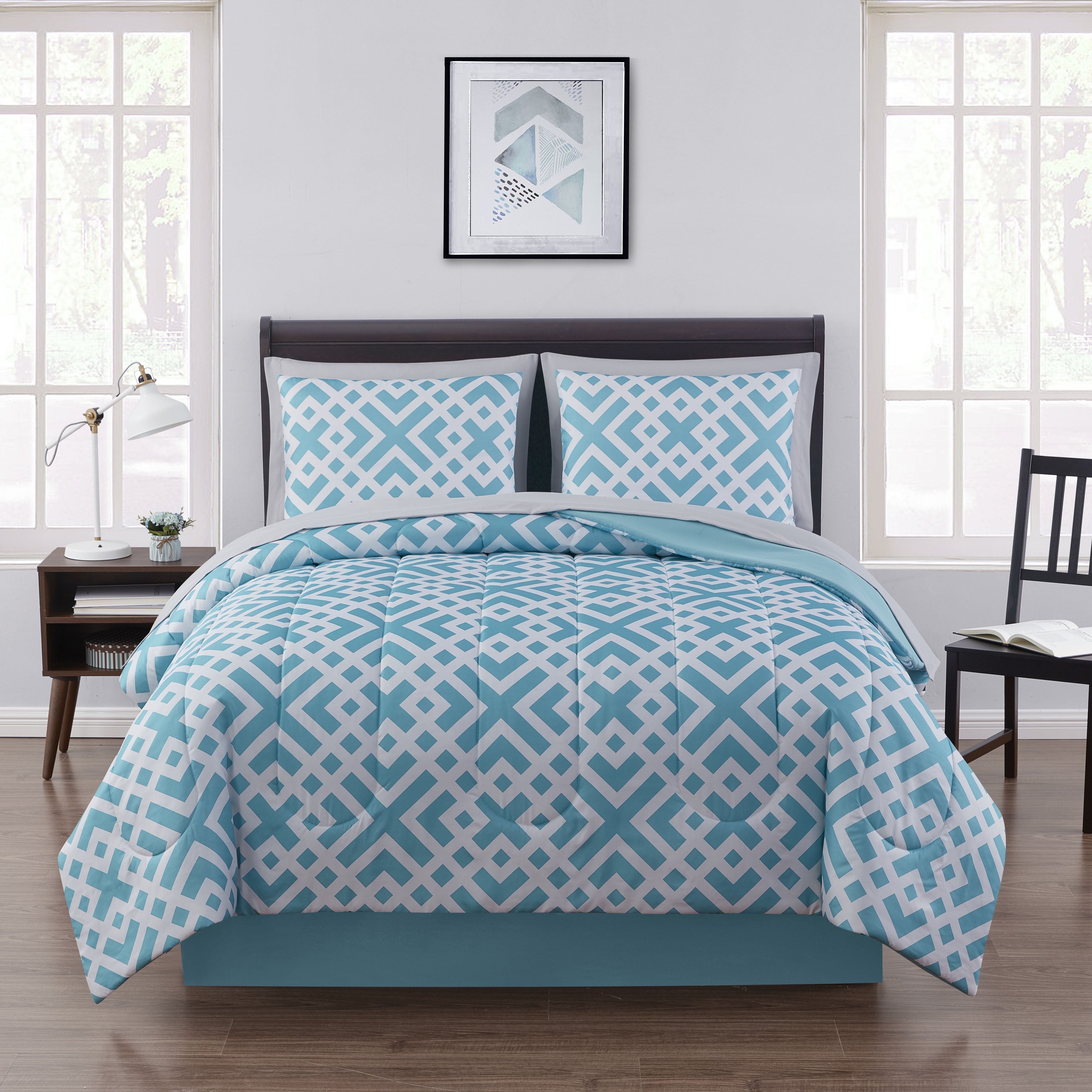 Fluffy Down Alternative Teal Geometric 6 Piece Bed in a Bag Comforter Set with Sheets, Twin/Twin-XL - Luxurious Quilted Duvet Cover Set - Default Title