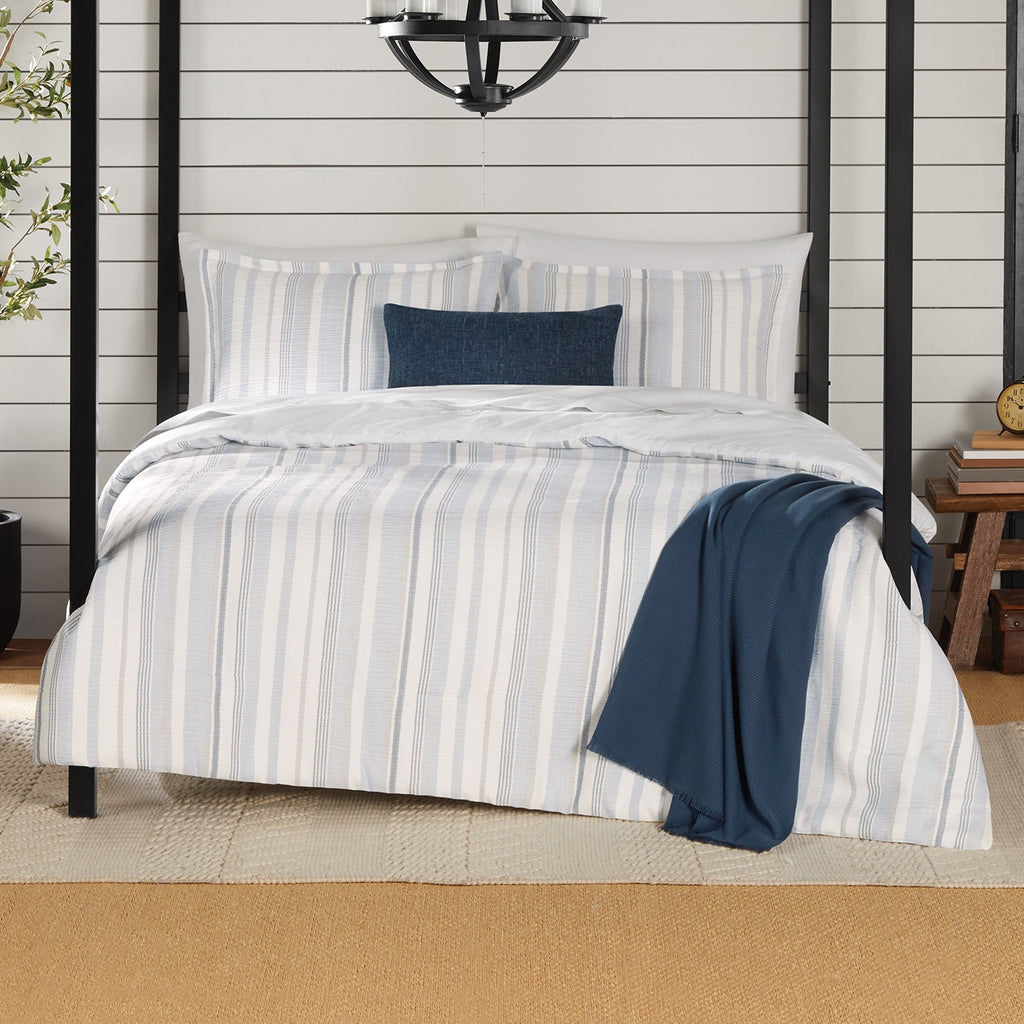 Heavyweight Warmth Full/Queen Comforter Set, All-Season, 5-Piece, Blue Yarn Dyed Stripe - Luxurious Quilted Duvet Cover Set - Default Title
