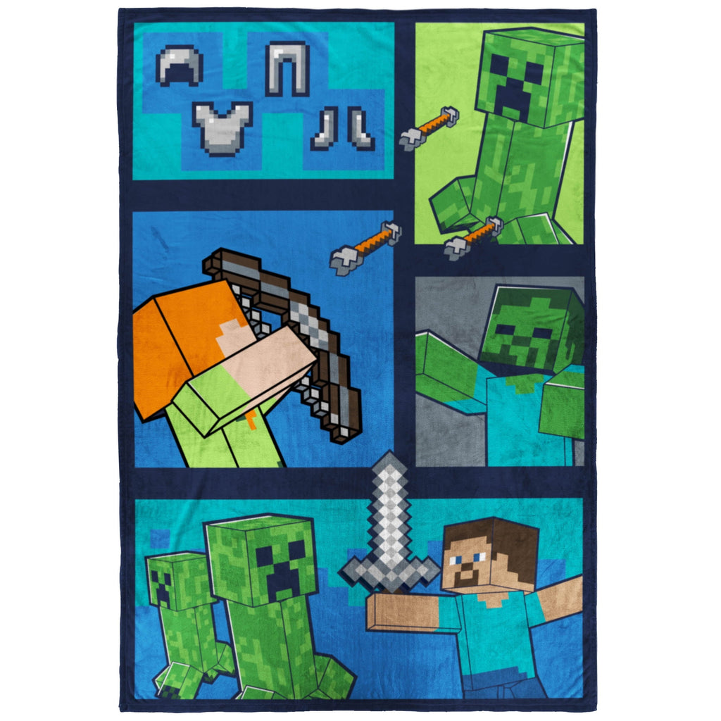 Reversible Sherpa Minecraft Kids Twin/Full Blanket, 62 x 90, Microfiber, Green and Blue - Luxury Knitted Decorative Throw Blanket with Fringes - Default Title