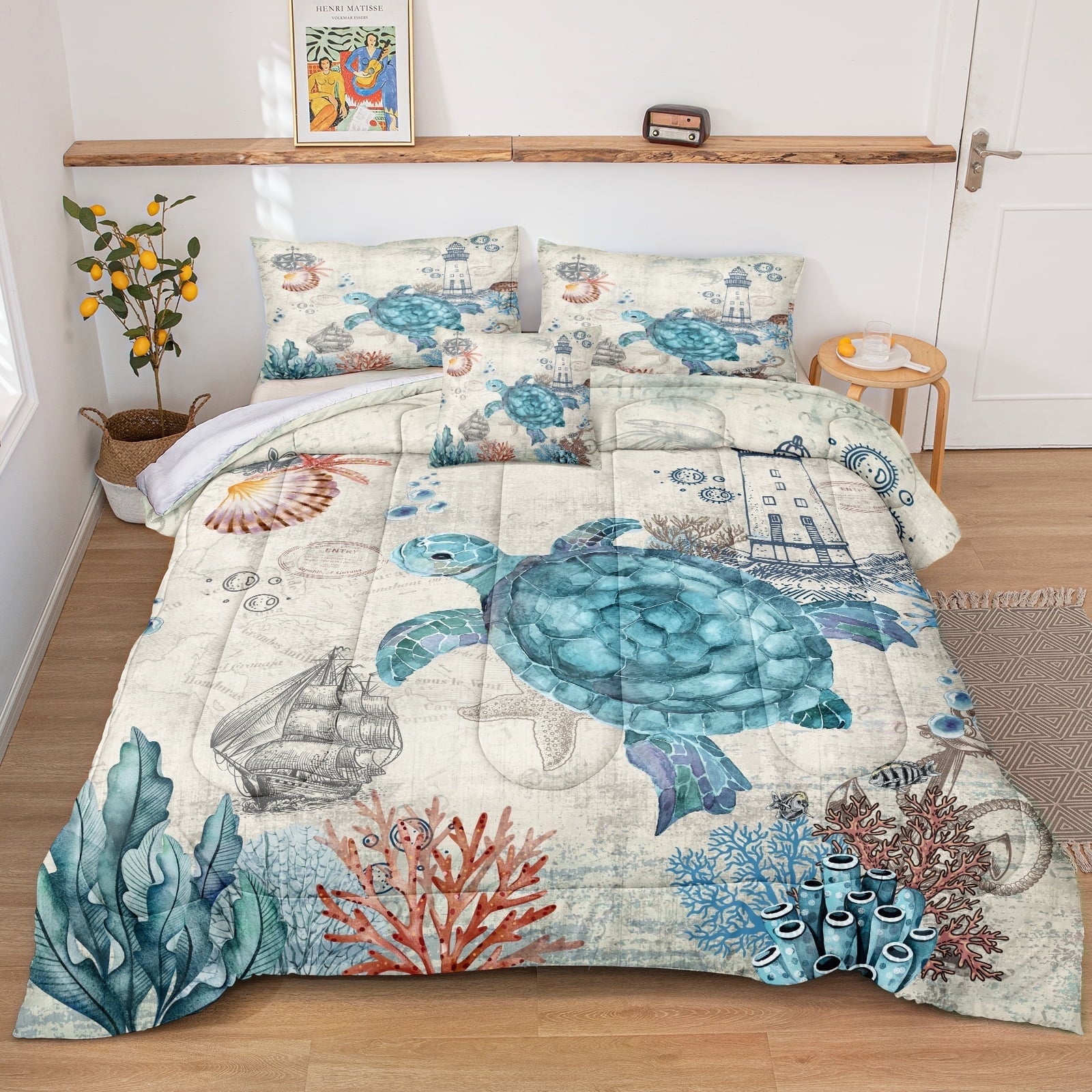 Hypoallergenic Cloud Sea Turtle Comforter Set Queen Ocean Beach Bedding Set Soft and Lightweight Retro Style Design Coastal Bedding Set - Cloud-Like Soft Lightweight Bed Comforter - Default Title