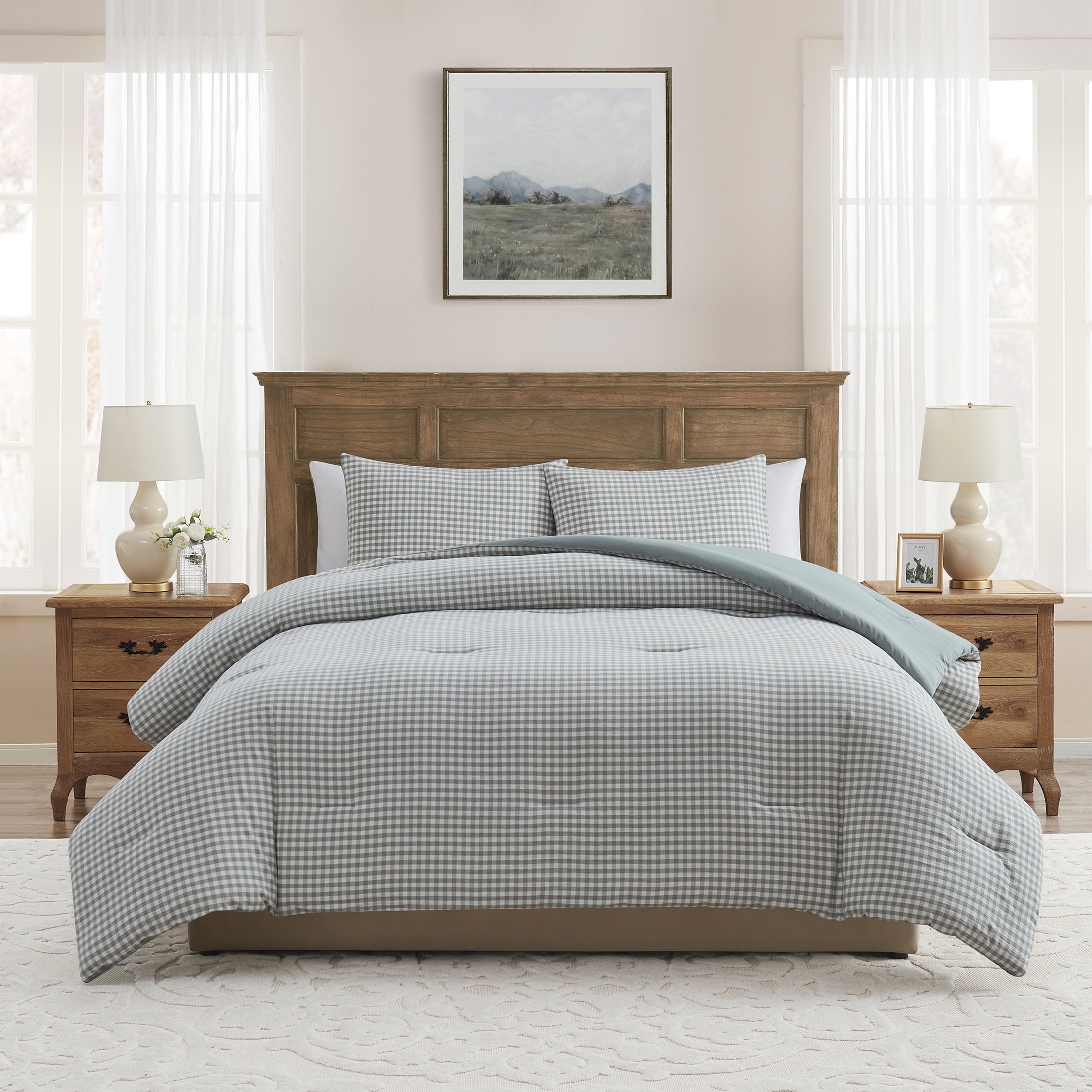 Fluffy Down Alternative Full/Queen Comforter Set, All-Season, 3-Piece, Green Gingham Plaid - Hypoallergenic Ultra-Fluffy Quilt for Winter - Default Title