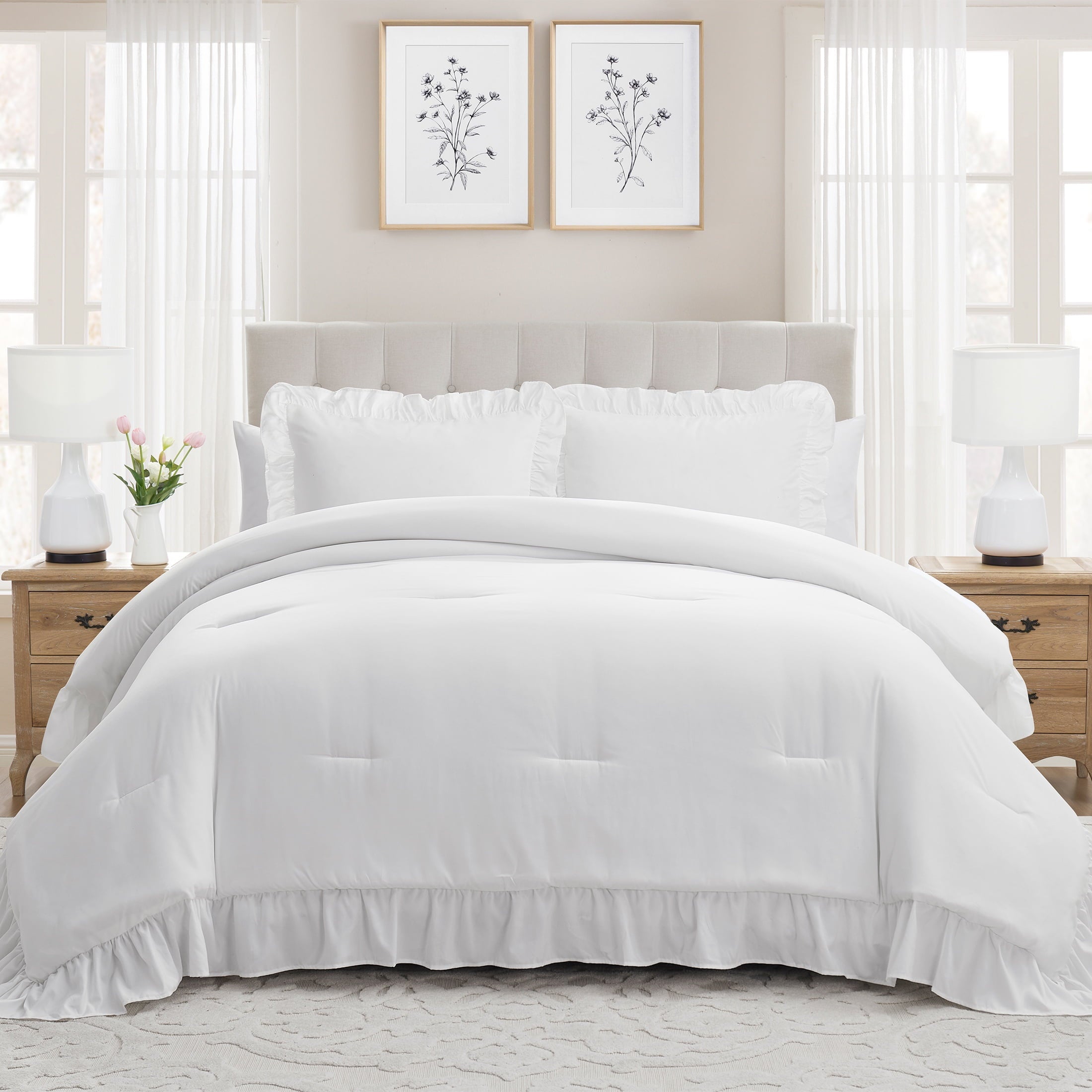 Heavyweight Warmth Full/Queen Comforter Set, All-Season, 3-Piece, White Ruffle - Luxurious Quilted Duvet Cover Set - Default Title