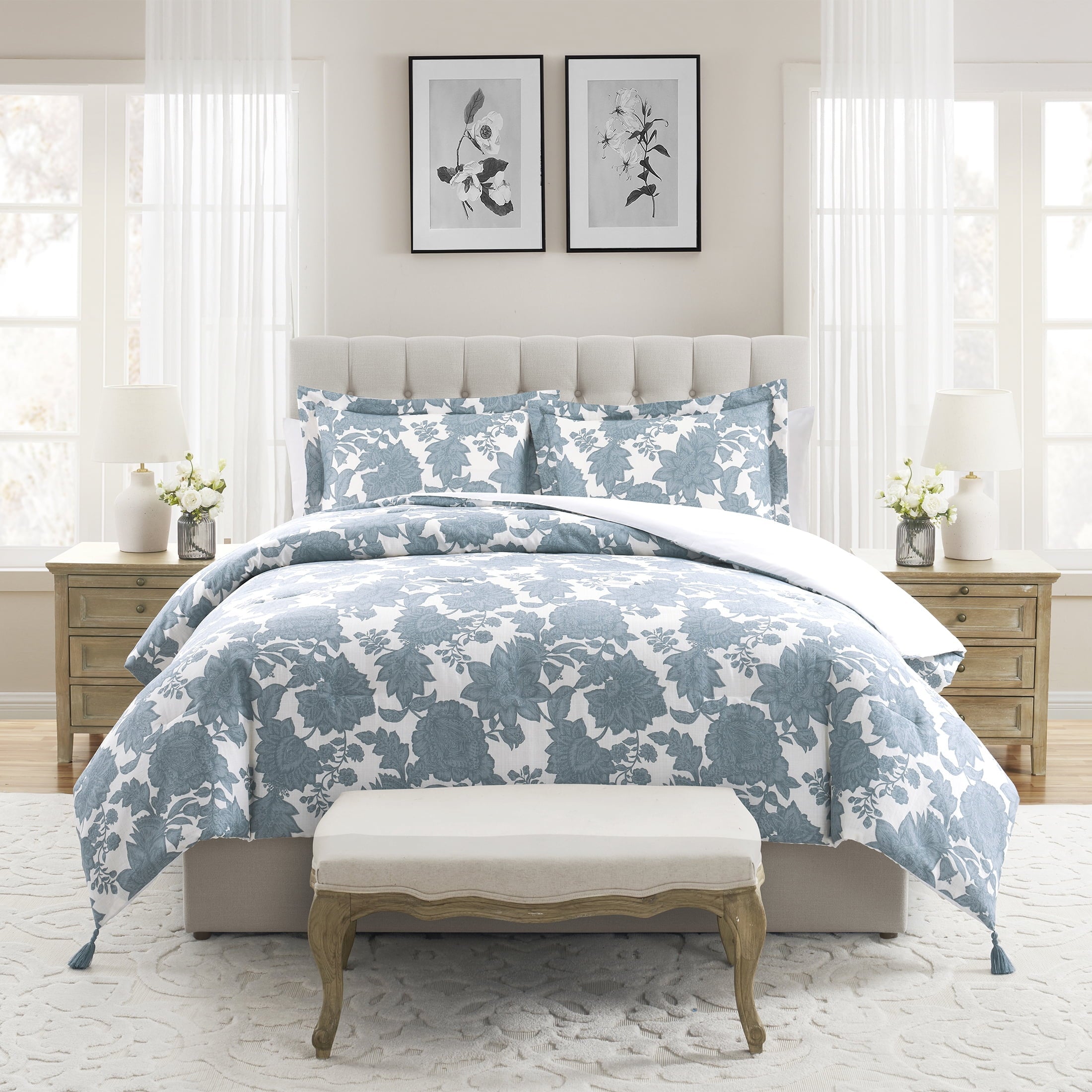 Luxurious Quilted Veronica 3-Piece Blue Floral Cotton Slub Comforter Set, King - Cloud-Like Soft Lightweight Bed Comforter - Default Title