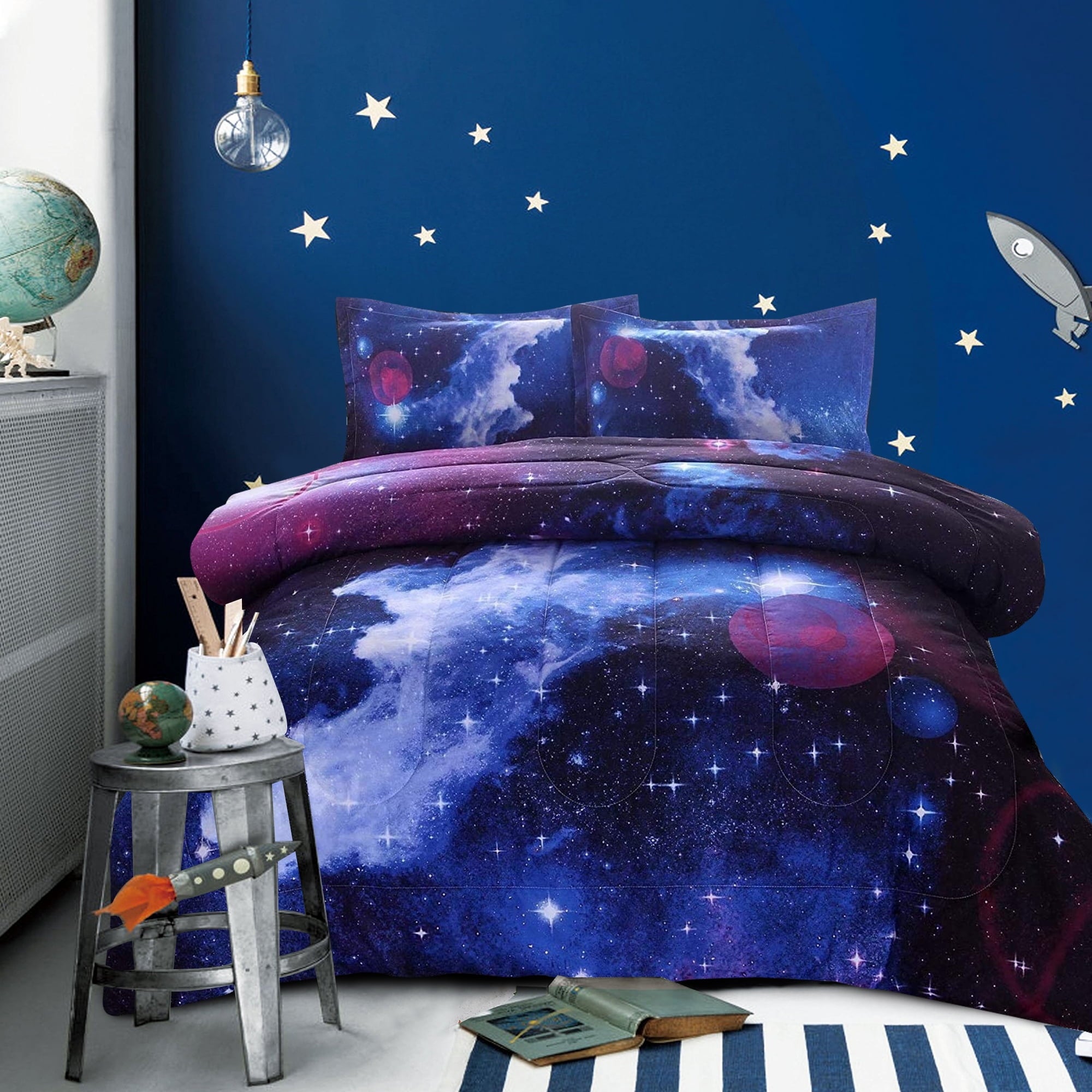 Fluffy Down Alternative Galaxy Bedding Sets Outer Space Comforter 3D Printed Space Quilt Set Full Size for Kids Blue - Cloud-Like Soft Lightweight Bed Comforter - Default Title