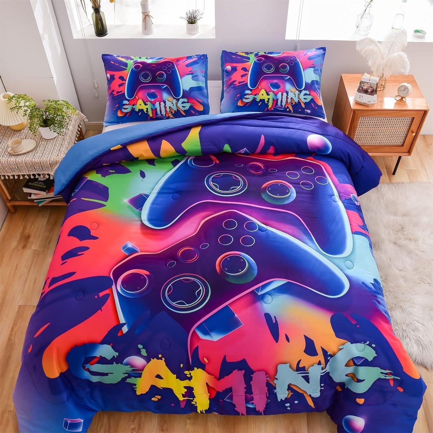 Hypoallergenic Cloud Purple Queen Gaming Comforter Sets for Boys Kids Bedding Sets Colorful Games Console Gamer Quilt Set - All-Season Down Alternative Comforter Insert - Default Title
