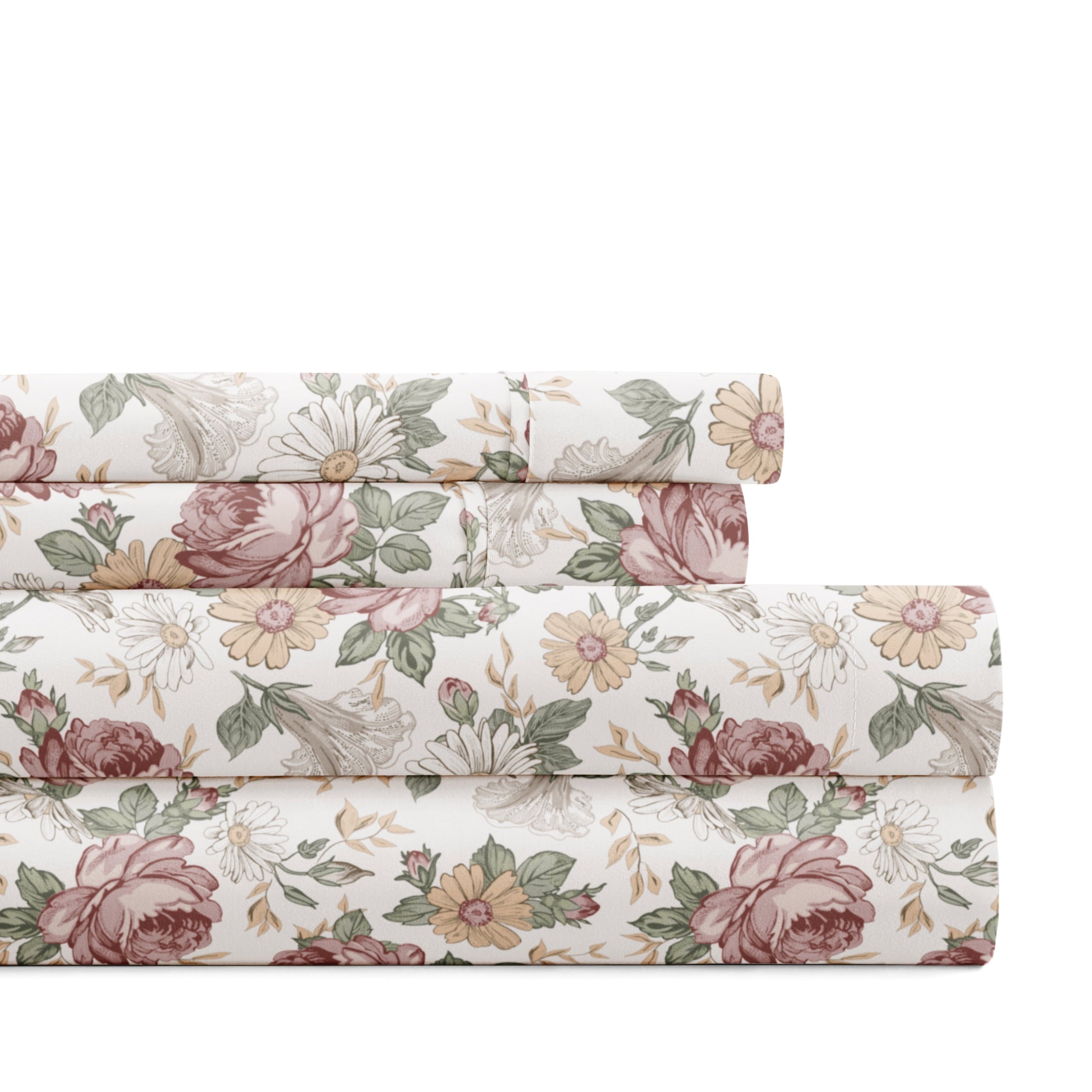 Cooling Sateen 4 Piece Pattern Microfiber Bed Sheets Set, Blooming Floral Rose, Queen - Premium Ultra-Soft Pillowcase Pair for Sleeping - Default Title