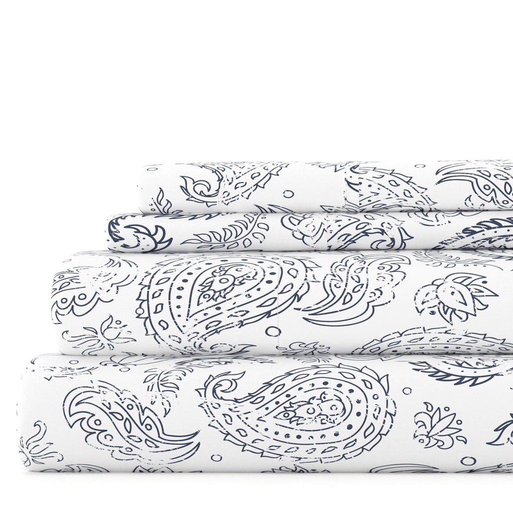 Cooling Sateen 4 Piece Pattern Microfiber Bed Sheets Set, Navy Coarse Paisley, Full - Premium Ultra-Soft Pillowcase Pair for Sleeping - Default Title