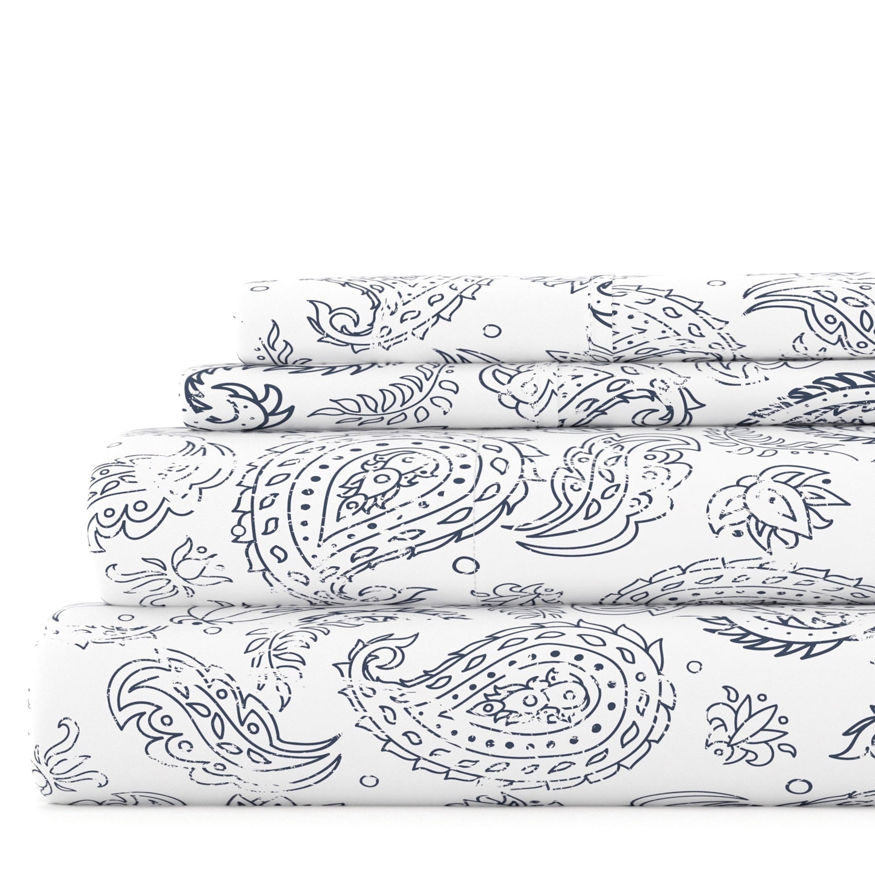 Cooling Sateen 4 Piece Pattern Microfiber Bed Sheets Set, Navy Coarse Paisley, Full - Premium Ultra-Soft Pillowcase Pair for Sleeping - Default Title