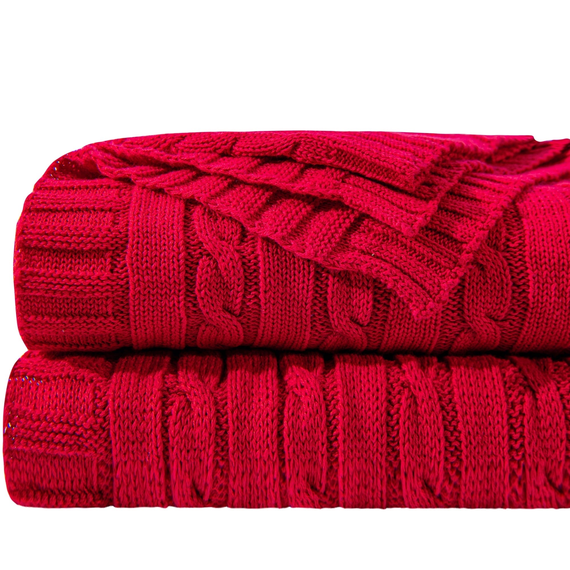 Decorative Knitted 100% Cotton Cable Knit Throw, Super Soft Warm Knitted Blanket Home Decor, 51"x67", Red - Super Soft Reversible Sherpa Flannel Blanket - Default Title