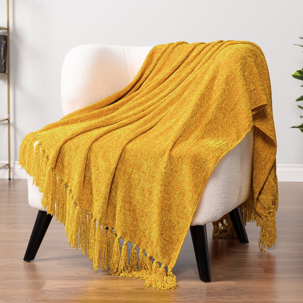 Lightweight Warm Mustard Yellow Chenille Throw Blanket for Couch, Soft Gold Knit Blanket with Tassel Fringe, Woven Chenille Knitted De... - Luxury Knitted Decorative Throw Blanket with Fringes - Default Title