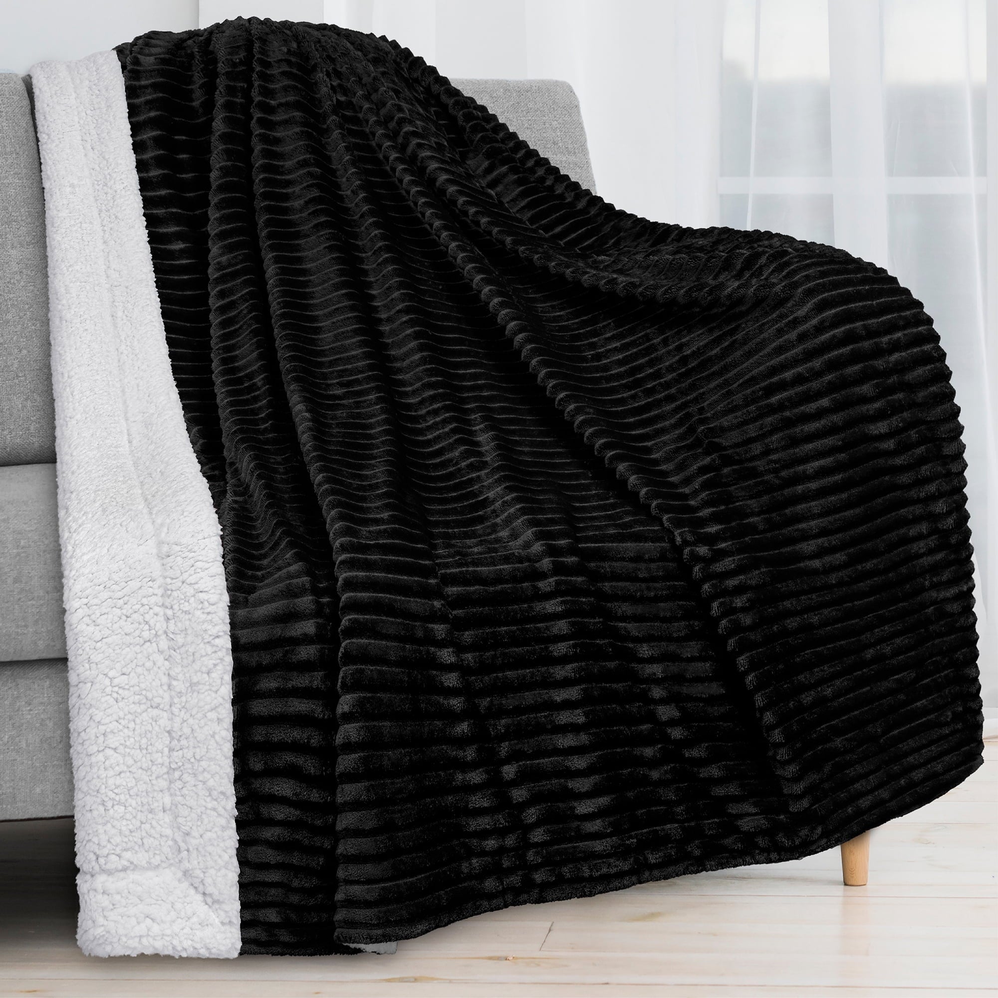 Super Soft Flannel Reversible Sherpa Fleece Throw Blanket Black, Plush Flannel Throw, Ultra Soft Warm Ribbed Microfiber Blanket for Sofa... - Lightweight Plush Warm Blanket for All Seasons - Default Title