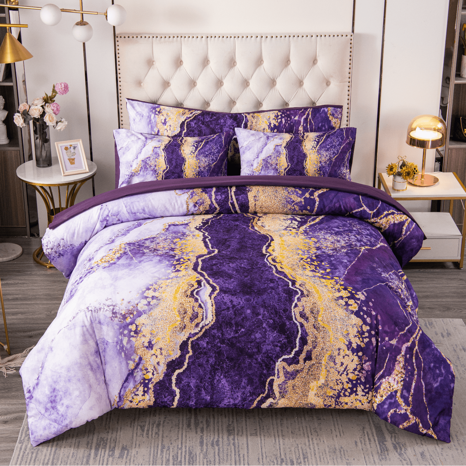 Fluffy Down Alternative 6 Pieces Queen Size Comforter Set Purple,Watercolor Marble Colorful Purple Bedding,Ultra Soft Purple Bed Set with Com... - Hypoallergenic Ultra-Fluffy Quilt for Winter - Default Title