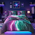 Heavyweight Warmth Queen Size Gaming Comforter Set for Boys,3-Piece 3D Green Purple Lightning Game Controller Bedding Set for Kids Teens - Cloud-Like Soft Lightweight Bed Comforter - Default Title