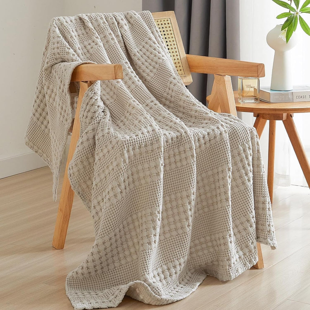 Lightweight Warm 100% Cotton Waffle Weave Blanket, Lightweight Throw Washed Blanket for Bed Sofa Home Decor, Oatmeal, 50"x60" - Luxury Knitted Decorative Throw Blanket with Fringes - Default Title