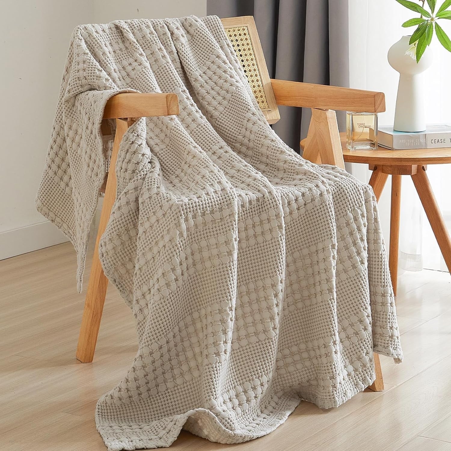 Lightweight Warm 100% Cotton Waffle Weave Blanket, Lightweight Throw Washed Blanket for Bed Sofa Home Decor, Oatmeal, 50"x60" - Luxury Knitted Decorative Throw Blanket with Fringes - Default Title