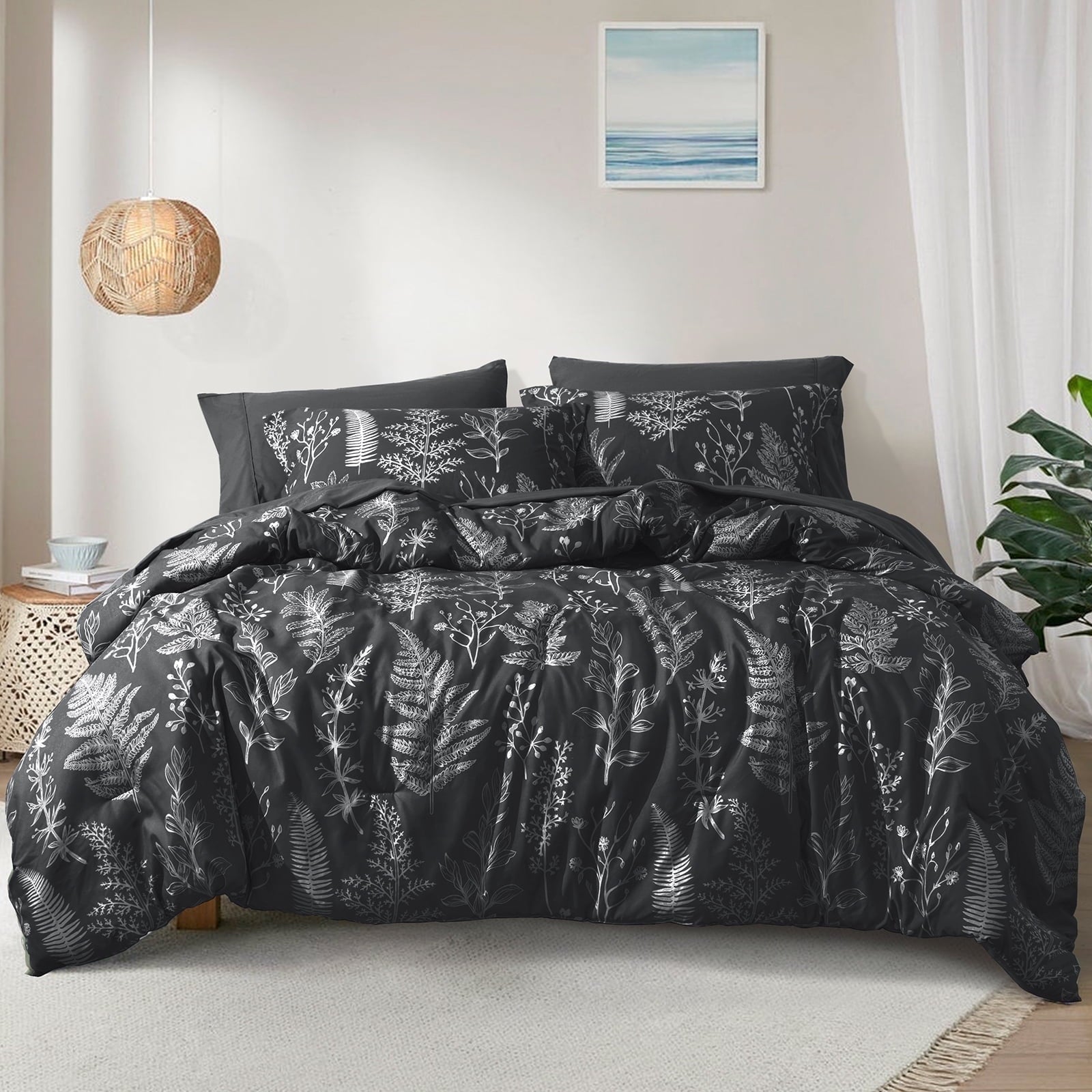 Fluffy Down Alternative 3 Pieces Printed Comforter Set Queen Size, Lightweight Botanical Floral Bed in a Bag, Ultra Soft Bedding Set with 1 R... - Luxurious Quilted Duvet Cover Set - Default Title