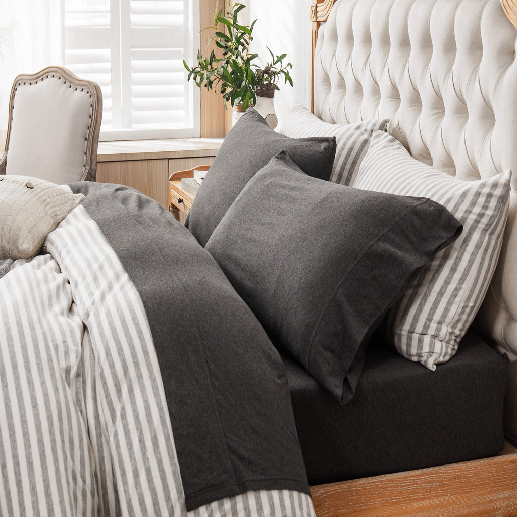 Ultra-Soft 100% Cotton Jersey Knit 4pc Bed Sheet Set Extra Deep Pocket up to 20" Charcoal Gray Queen - Cooling Hotel Quality Bedding Sheets and Pillowcases - Default Title