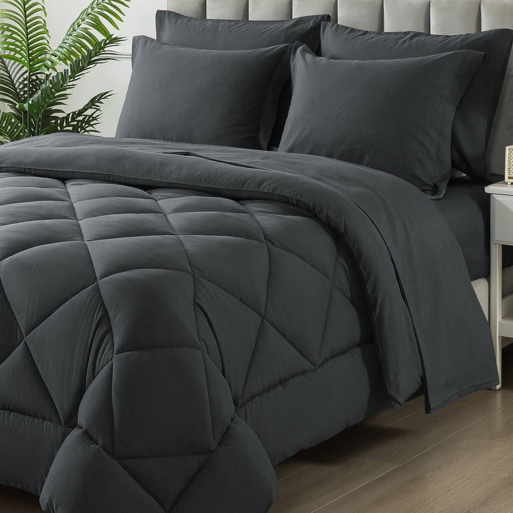 Luxurious Quilted Queen Bed in a Bag Comforter Set with 7 Pieces - Dark Gray All Season Bedding Sets with Comforter, Pillow Shams, Flat... - All-Season Down Alternative Comforter Insert - Default Title
