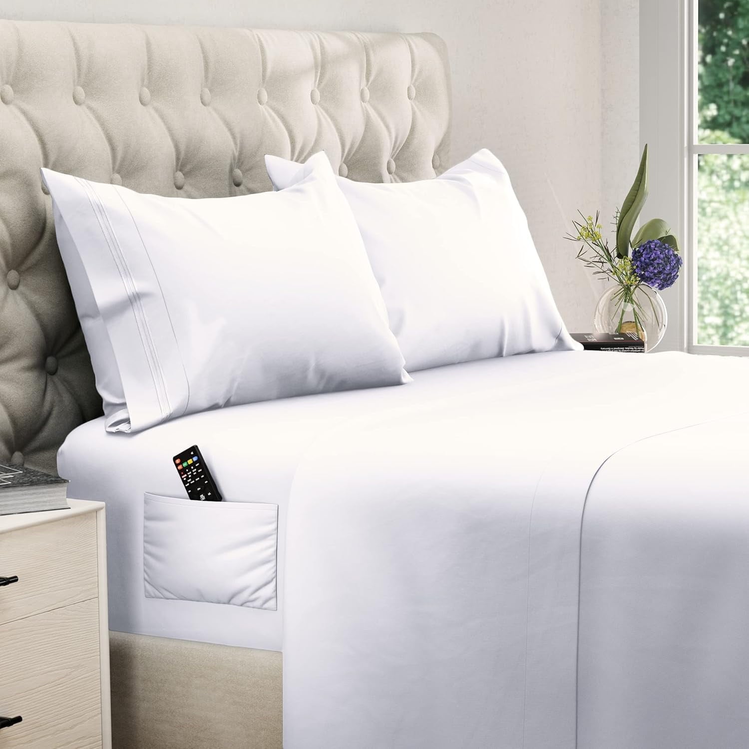 Premium Egyptian Cotton Set, Soft Microfiber 4 Piece Hotel Luxury Bed s with Deep Pockets, Embroidered Pillow Cases, Side Storage Pocket Fitt... - Breathable Egyptian Cotton Flat & Fitted Sheets - Default Title