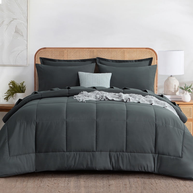 Fluffy Down Alternative 7 Pieces Comforter Set with Sheets - Bed in a Bag with Comforter and All Season Sheets, Pillowcases,Dark Gray,Queen - Luxurious Quilted Duvet Cover Set - Default Title