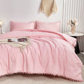 Fluffy Down Alternative Pink Full Size Comforter Set Pom Fringe 3 Pcs Boho Chic Cute Ball Pom Blush Bedding Set Cali Soft Lightweight Solid B... - Luxurious Quilted Duvet Cover Set - Default Title