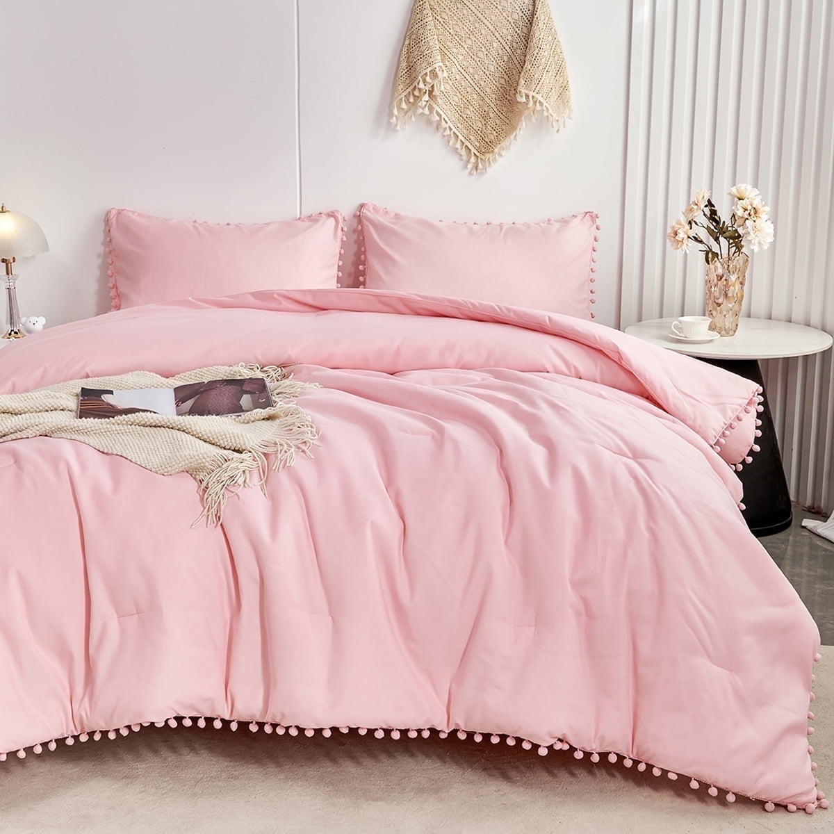 Fluffy Down Alternative Pink Full Size Comforter Set Pom Fringe 3 Pcs Boho Chic Cute Ball Pom Blush Bedding Set Cali Soft Lightweight Solid B... - Luxurious Quilted Duvet Cover Set - Default Title
