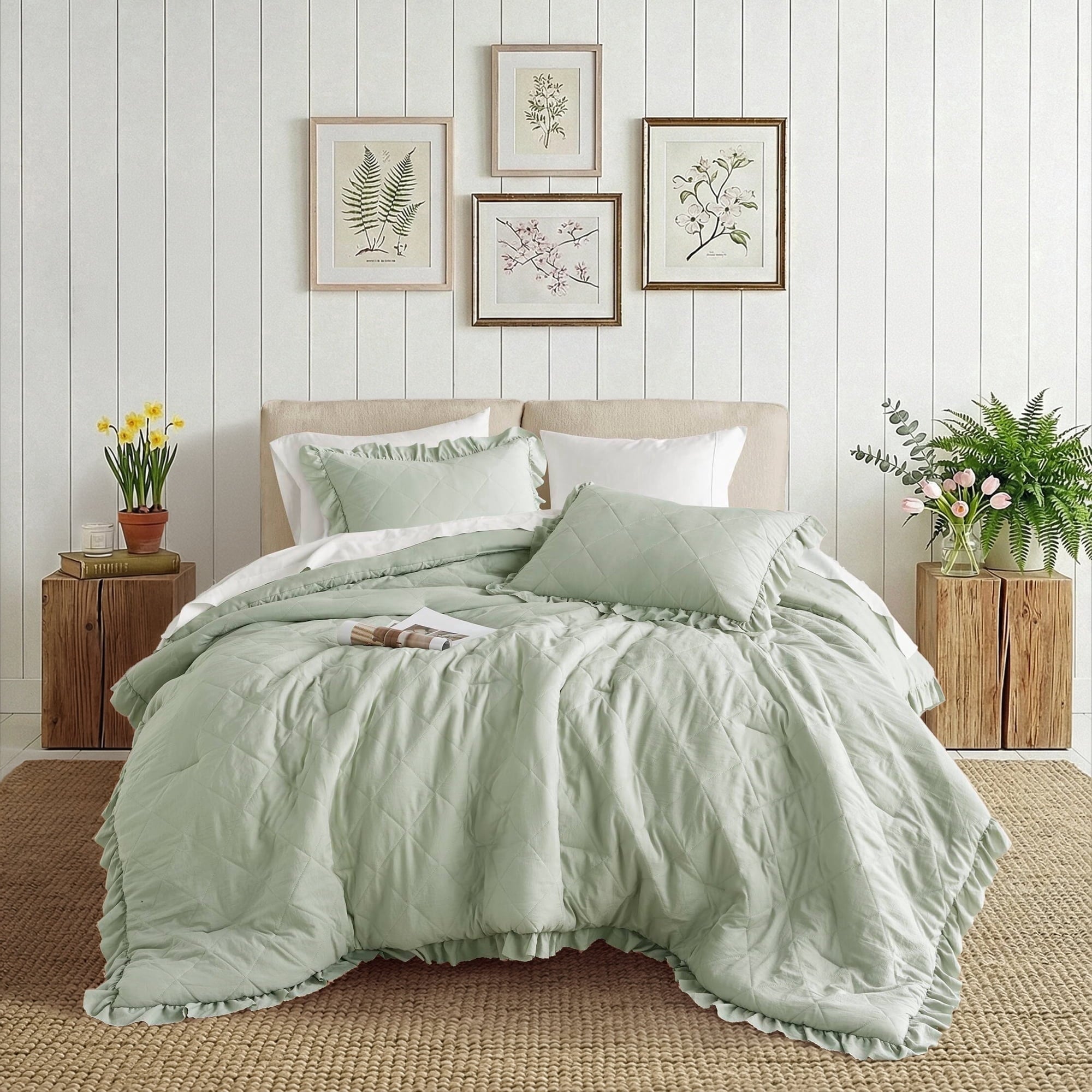 Fluffy Down Alternative Full/Queen Comforter Set Sage, 3 Pieces Quilted Ruffle Comforters Full/Queen Size, Solid Bedding Comforters Sets, Gif... - Hypoallergenic Ultra-Fluffy Quilt for Winter - Default Title